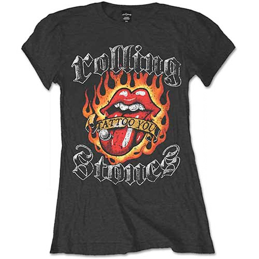 The Rolling Stones - Flaming Tattoo Tongue - Ladies Black T-shirt