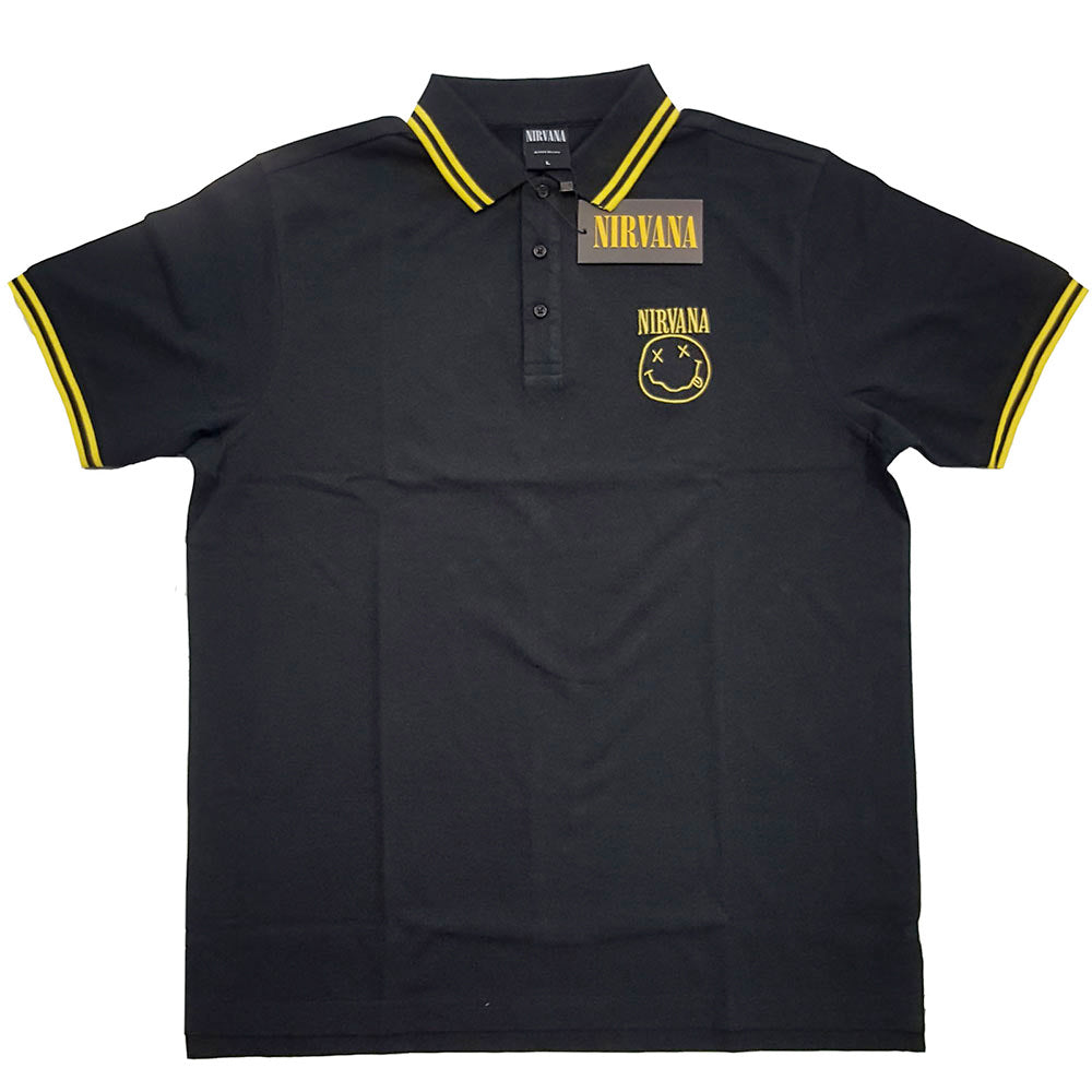 Nirvana - Embroidered Smiley Logo - Black Polo Shirt