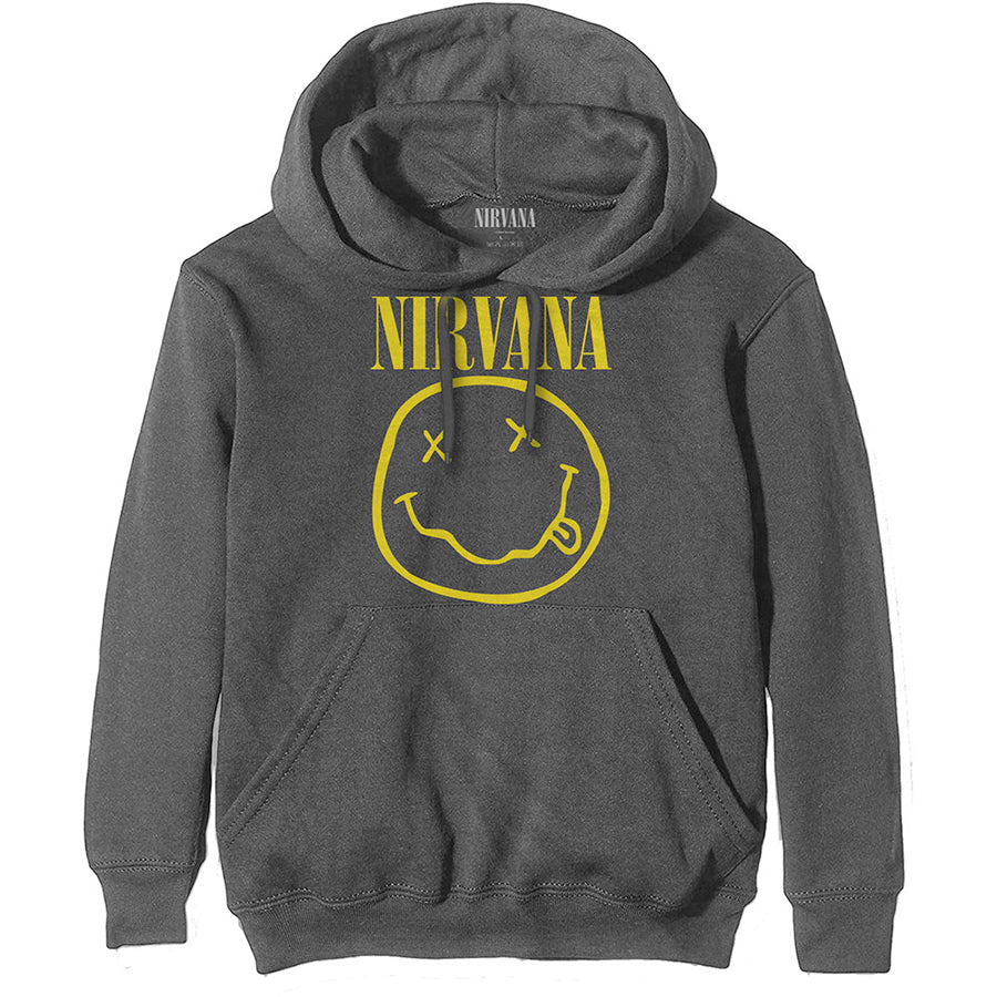 Nirvana - Yellow Smiley - Pullover Charcoal Grey Hooded Sweatshirt