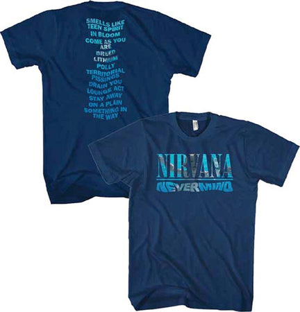 Nirvana Kurt Cobain NeverMind Album-Play List Back Print-Navy Blue t-shirt